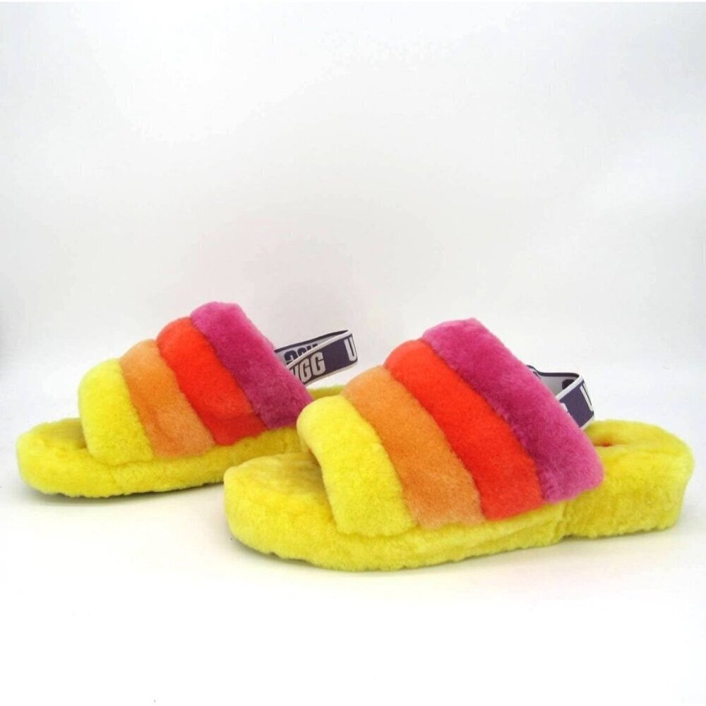 Ugg Women Fluff Yeah Slide Pride Rainbow Yellow Sandal Size 8.0 Us